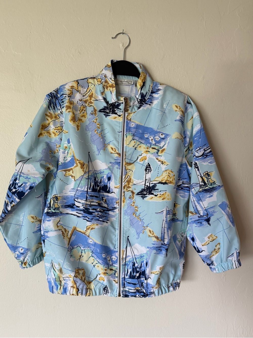 Coastal Sailboat Print Windbreaker Jacket in Light Blue and Navy Accents